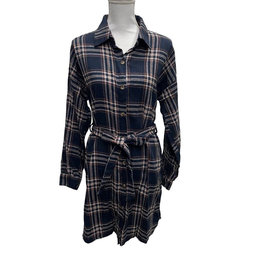 She + Sky Blue Plaid Button Front Shirt Dress Size Large NWT